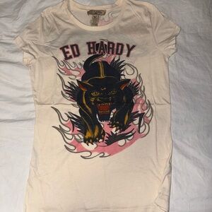 Ed Hardy Kids Tee with Panther Graphic - Cream and Black